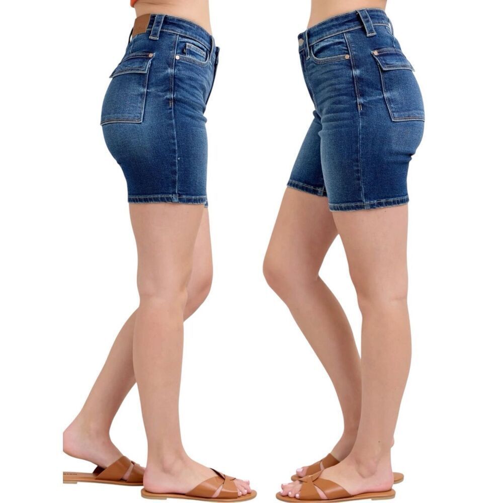 Judy Blue Bermuda Shorts High Rise Flap Pocket Stretch Denim Dark Wash NWT - Picture 7 of 13